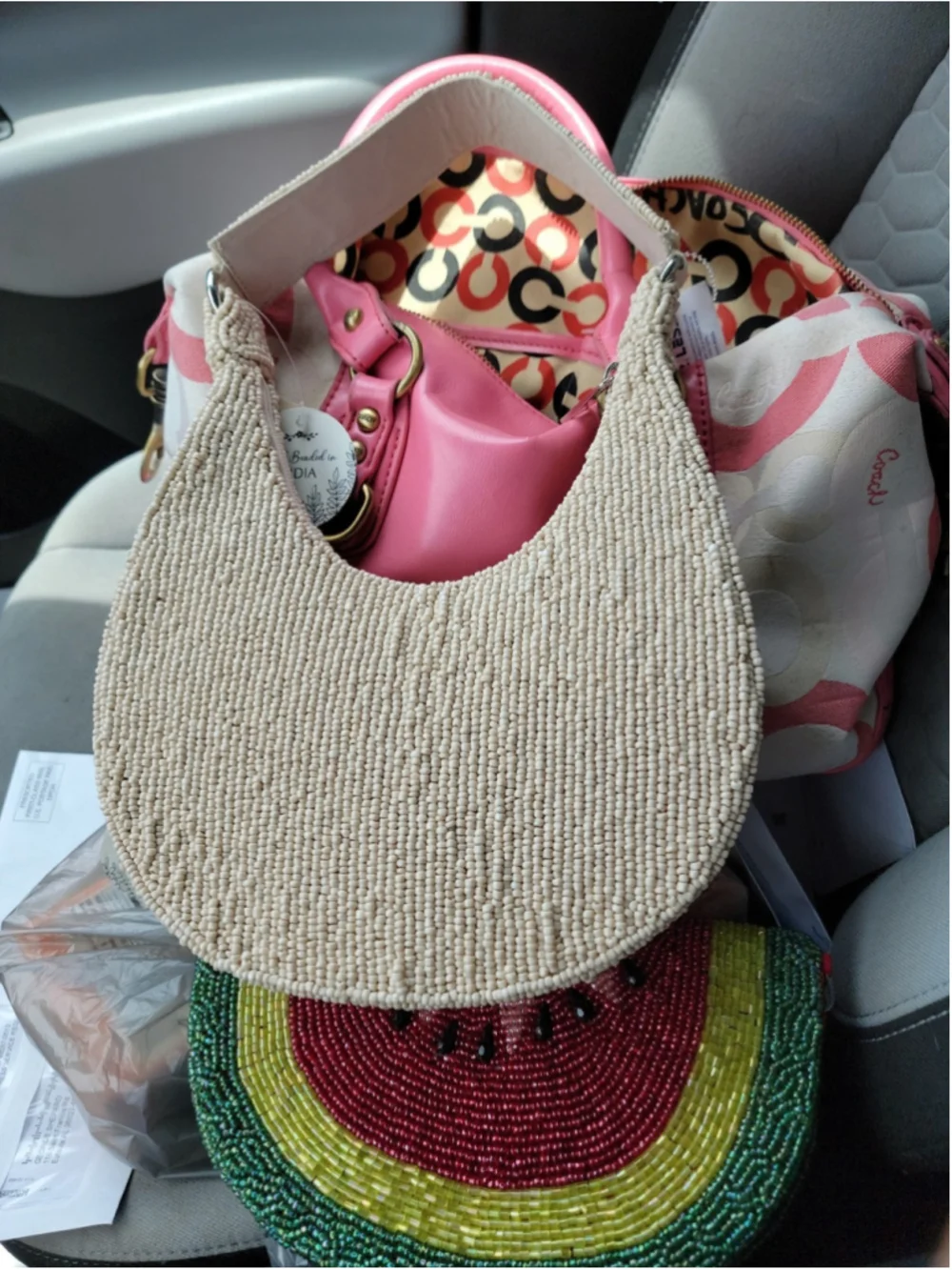 Studio 12 Hand Beaded Floral Hobo Shoulder Bag Cream Ivory Gold Purse NWT India